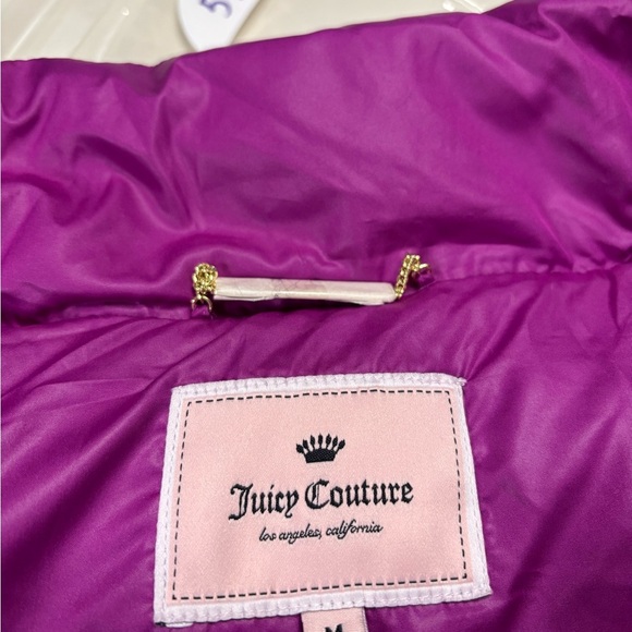 Juicy Couture Vest Fuchsia Purple Gold Zip Faux Fur Removable Hood Size Medium - Picture 9 of 10